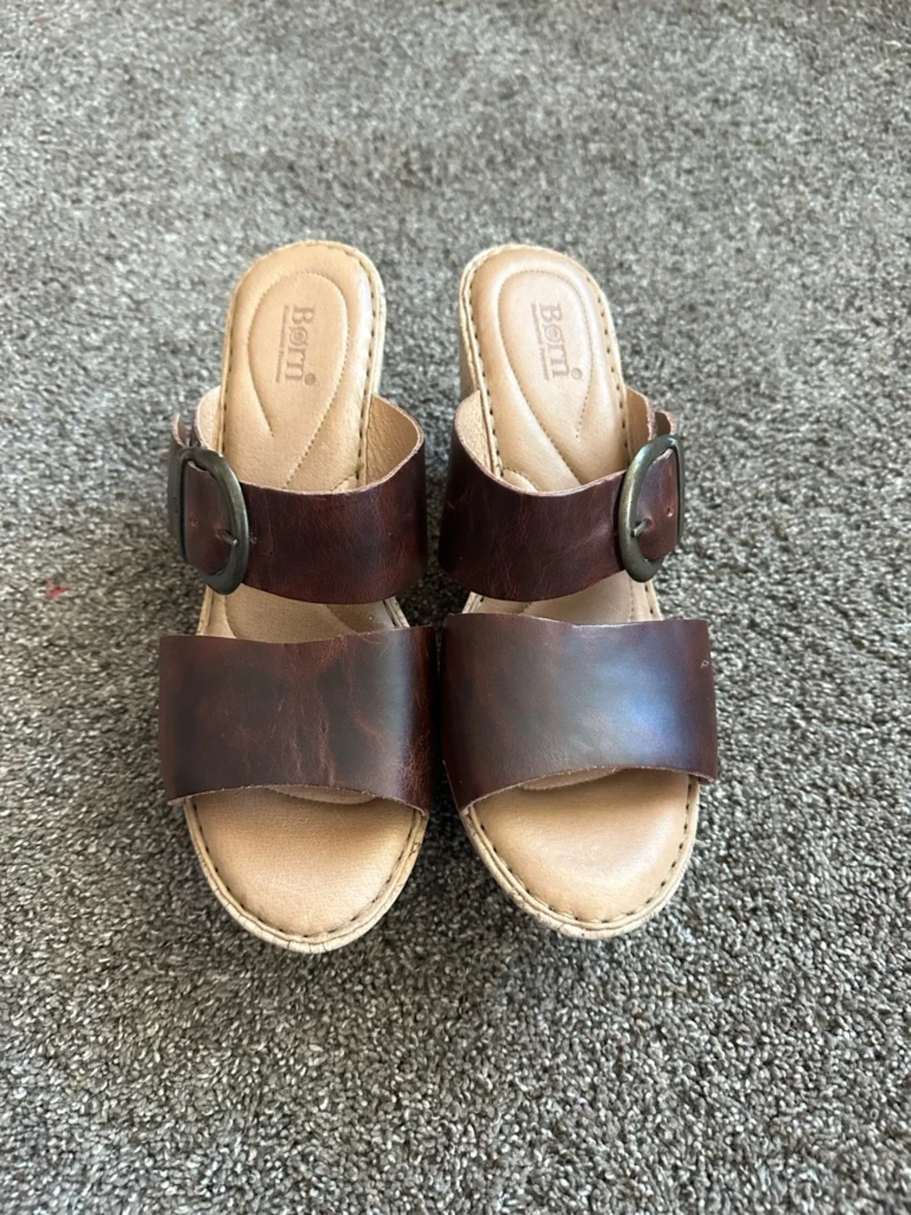 Born Emmy Brown Leather Cork Wedge Slide Sandals Size 11